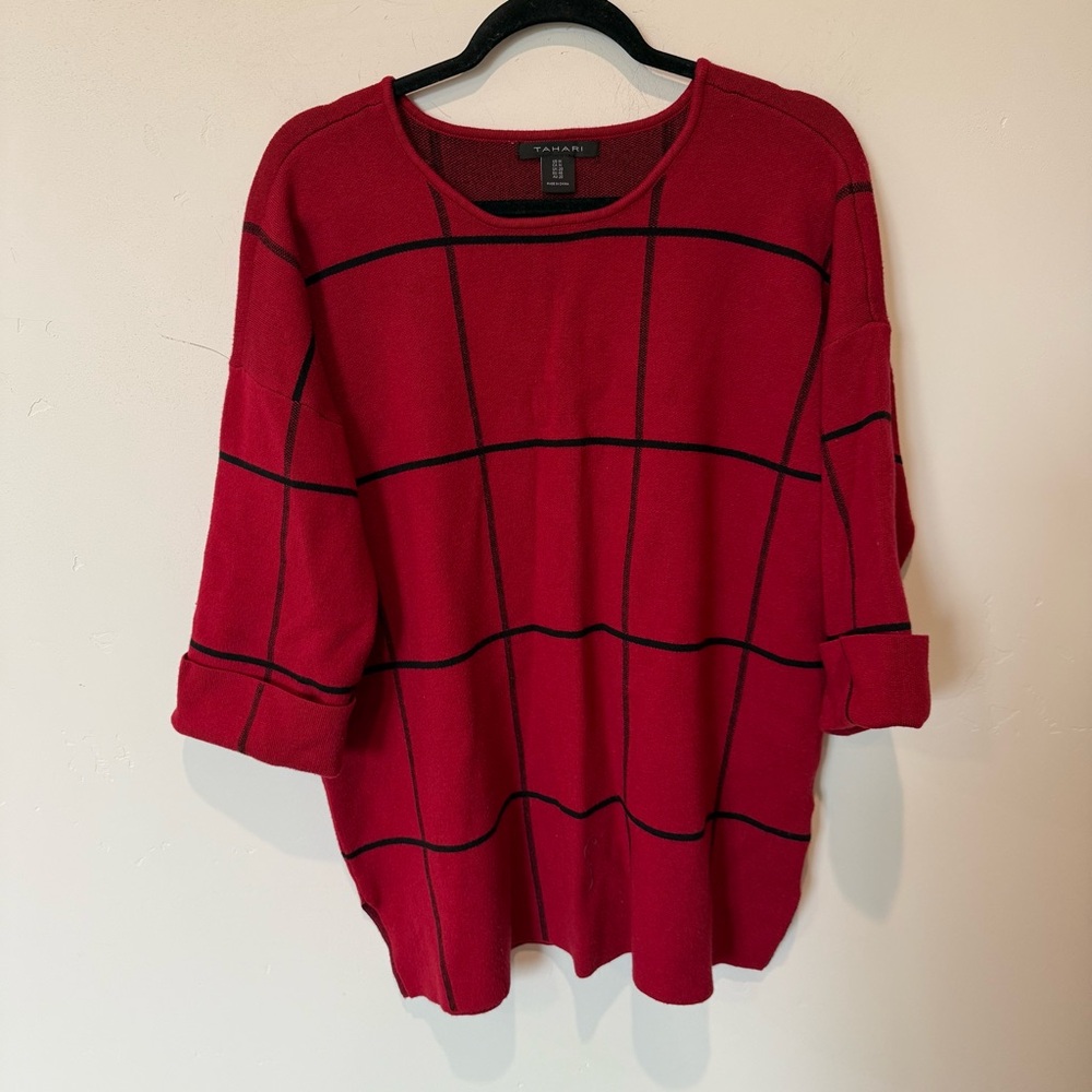 Tahari Red Plaid Crewneck Sweater Womens Plus Size 1X Holidays Festive Christmas
